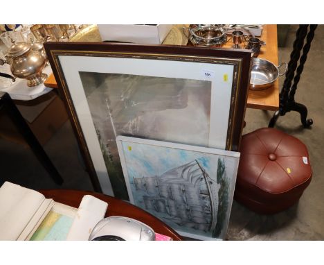 A framed study of sailing ship, a still life print of flowers containing gilt frame and a highland print