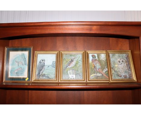 Peter R Holmes, four watercolour studies of birds and a print of foxes