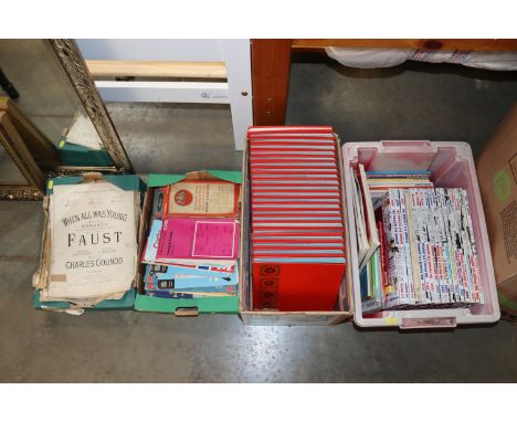 Four boxes containing annuals, encyclopaedia, Ordnance Survey maps and sheet music