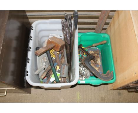 Two plastic buckets of various hand tools, including handsaws, hammers, a pair of record G clamps, socket set etc 