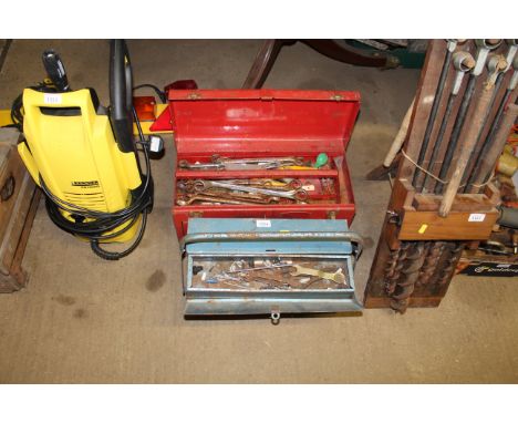 A metal canter leaver tool box with contents of various tools, A tool box and contents of other various hand tools