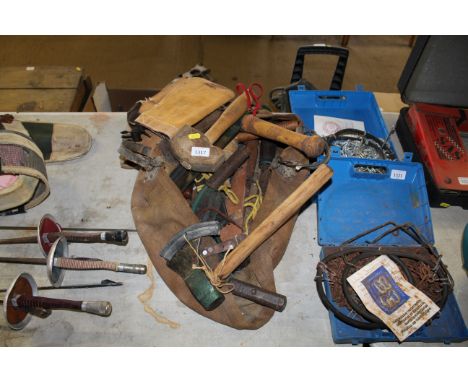 A quantity of lead workers tools; builders belt etc.
