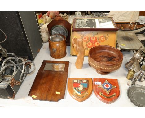 A black and white photographic print, breadbin, wall plaques, various wooden items to include barometer 