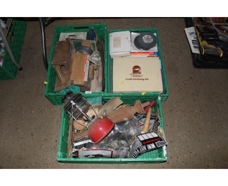 Three boxes containing various hand tools; oil lamp and other miscellaneous items 