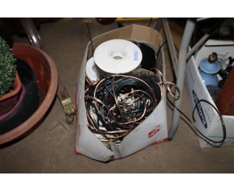 A box containing various electric cabling, speaker cable etc.