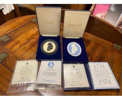 Pair of Boxed Wedgwood Portrait Medallions of Josiah Wedgwood Approx 12cm x 10cm Black on Primrose Jasperware Number 44 in a 