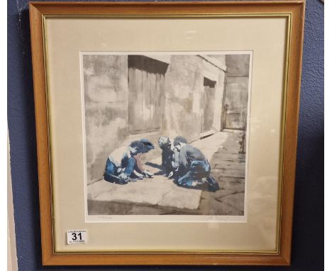 Framed and Hand Signed Salford Artist Harold Riley (1934-2023) Print, 'Marbles' - by Grove Galleries of Manchester - LS Lowry