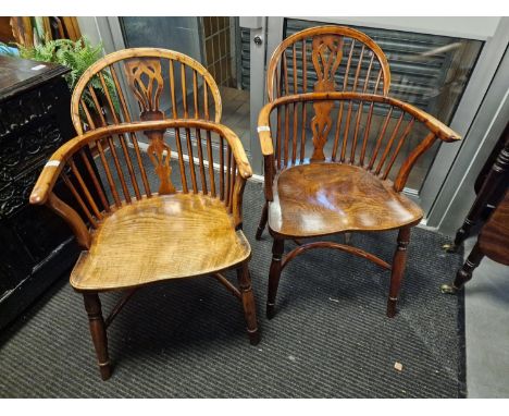 Antique Pair of 1820's Yew Wood Low Back Windsor Chairs - roughly 90cm high