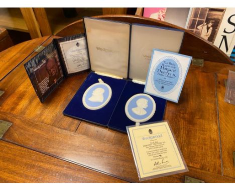Pair of Boxed Wedgwood Portrait Medallions Approx 11cm x 8.5cm of Margaret Thatcher Number 111 in a Limited Edition of 500 an