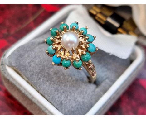 Vintage 9ct Gold, Pearl &amp; Turquoise Dress Ring - size m+0.5 &amp; 4.4g