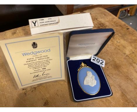Boxed Wedgwood Papal Collection Oval Portrait Miniature Approx 9cm x 5.5cm. Pale blue Jasperware with white relief of Pope Jo
