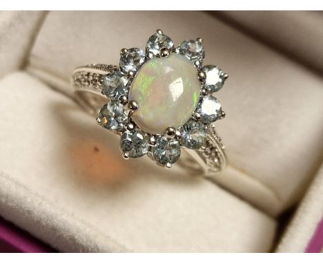 9ct White Gold, Opal, Aquamarine &amp; Diamond Cluster Dress Ring, size P &amp; 3.1g