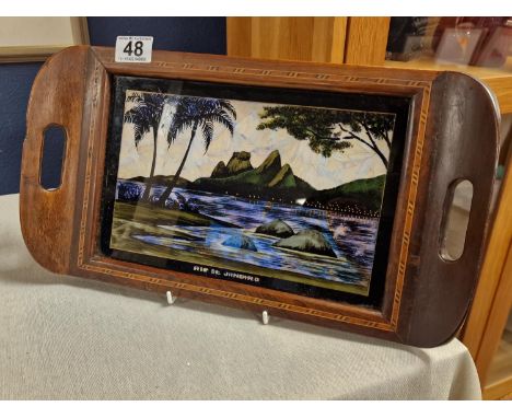 Vintage 1930's Handmade Brazilian Butterfly Wing inlaid wood serving tray by Carlos Zipperer - 41x23cm