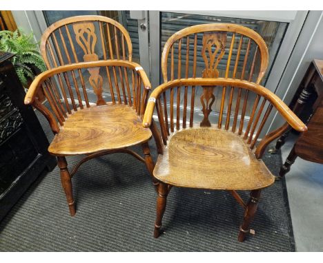 Antique Pair of 1820's Yew Wood Low Back Windsor Chairs - roughly 90cm high
