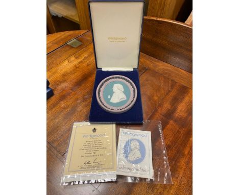 Boxed Wedgwood Portrait Medallion of Josiah Wedgwood in White on Teal Jasperware with Black on Lilac Frame Approx 13.5cm x 11
