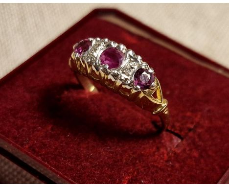 Vintage 9ct Gold, Ruby and Diamond Dress Ring - size j+0.5 