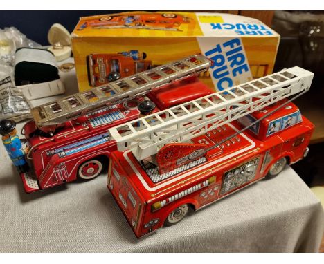 Pair of Japanese Tin Plate Fire Engine Toy Trucks Cars