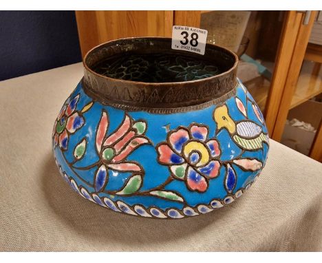  Vintage Brass &amp; Handpainted Enamel Bowl - 21cm diameter