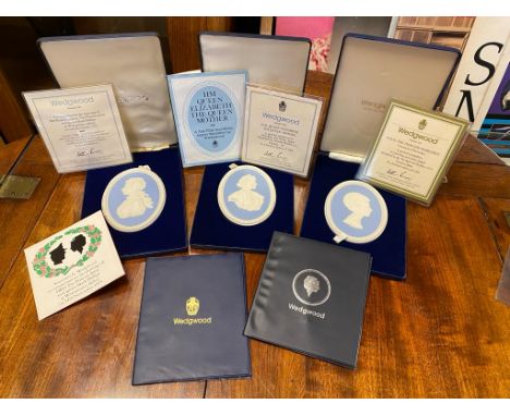 Set of 3 Boxed Wedgwood Portrait Medallions Approx 11 cm x 8.5 cm in Pale Blue &amp; White Jasperware: Princess Margaret Coun