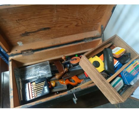 Vintage Joiners tool box full of drill heads, measuring tape, screws and many other tools 