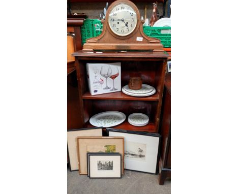 Vintage mantel clock, wine glasses, plated ware and framed pictures 