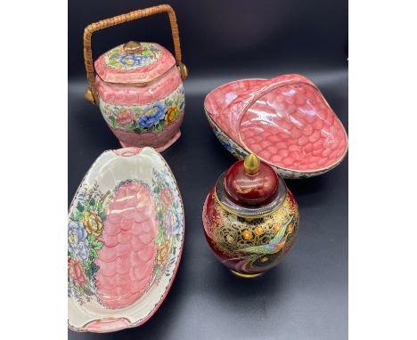Three pieces of Maling pink thumb print items together with a Carlton lidded preserve pot with lid. 
