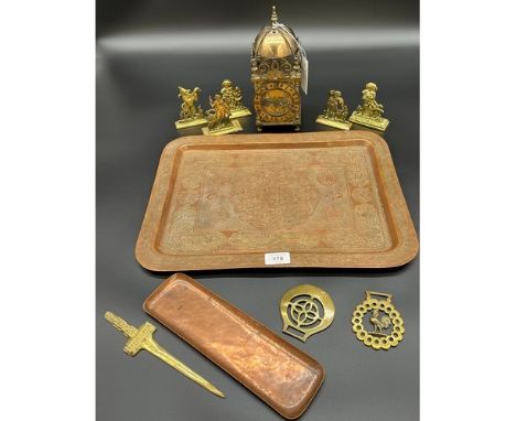 Antique Indian serving tray, Brass lantern bell carriage clock, Gilt brass figure paperweights, Two horse brasses, Copper pen