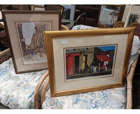 Framed print 'Summer in the City Conversation' limited edition and signed, together with a framed town scene print, signed 