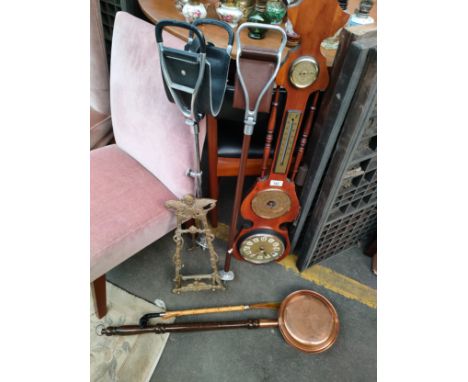Large barometer, brass cherub picture stand , shooting sticks etc 