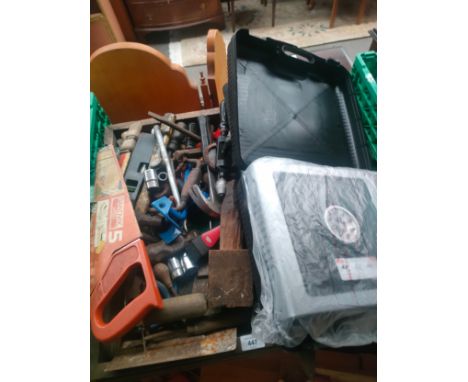 Box of vintage tools together with portable gas stove 