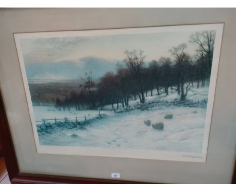 Large print depicting winters morning signed set in mahogany framing 