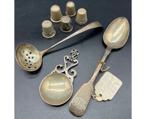 A Selection of silver hallmarked items to include Edinburgh silver tea caddy spoon, Georgian silver small ladle and various s