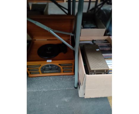 Electric turntable / cd player together with box of CDs and box of dvds etc 