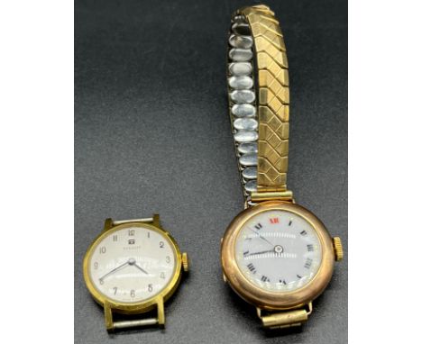 9ct gold cased ladies wristwatch with plated elasticated strap. Together with a vintage ladies Tissot watch- working. [9ct go