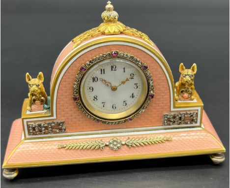 In the Manner of Faberge Antique silver and enamel clock, silver gilt and salmon pink enamel body. Fitted with a crown and or