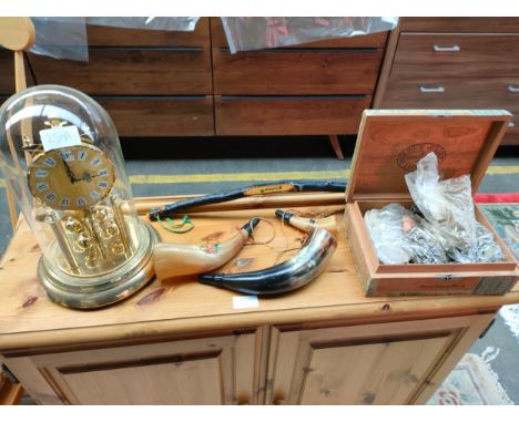 Selection of collectables includes brass dome clock , small novelty horns and cigar box containing a lot of antique and vinta