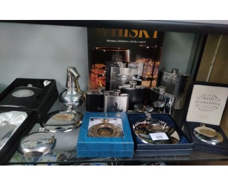 Collection of whisky flasks includes bowmore, Dalvey hipflask and the Flask collection flask with whisky- sealed. 