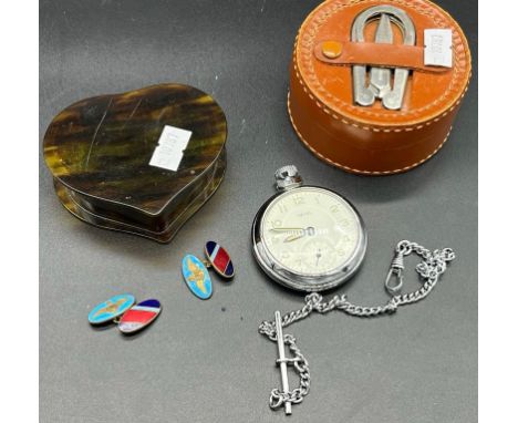 A Pair of RAF Military metal and enamel cufflinks, Smiths pocket watch with plated albert chain, Lether pocket case and faux 