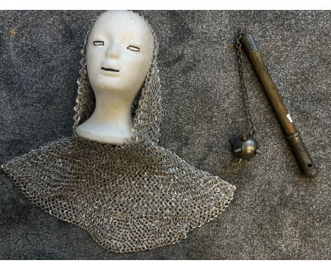 Reproduction ball and chain weapon together with chainmail head piece. 