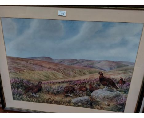 Large Scottish scene pheasants grazing print set in heavy mahogany framing 