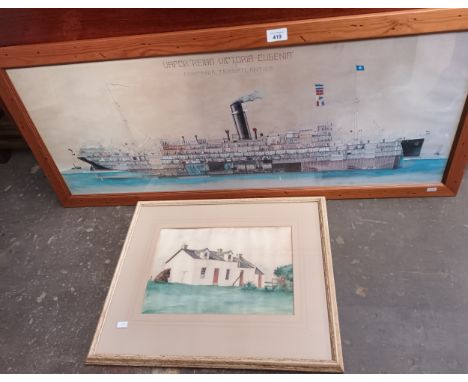 Framed print depicting a ship and a framed watercolour 