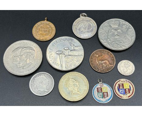 A Selection of mixed coins to include two silver and enamel 1887 coins. 1816 Silver Geroge III Coin and various others. 