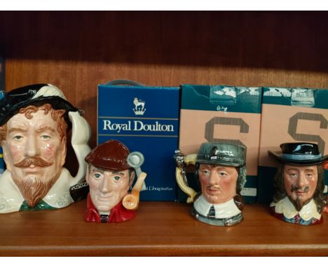 Large Royal Doulton Toby jug sir Francis Drake together with 3 small Doulton Toby jugs includes Oliver Cromwell, The Sleuth a