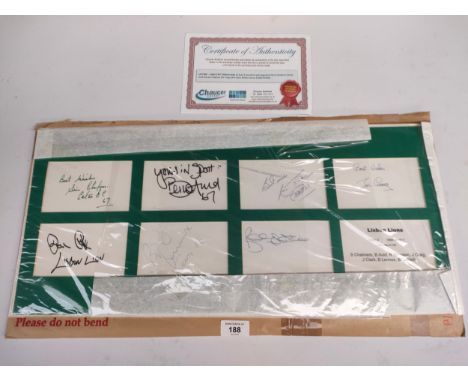 Celtic 1967 Lisbon lions mounted cards signed by Stevie Chalmers , Bertie auld , Ronnie Simpson John Clark x bobby Lennox and
