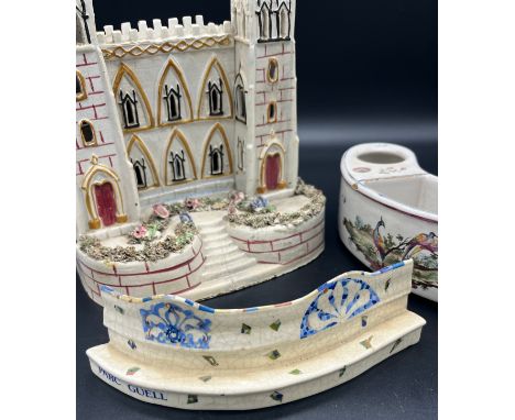 19th century Staffordshire lantern castle sculpture, Tin glaze and hand painted with birds ink well stand. Together with Parc