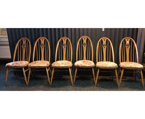 Set of 6 Ercol Elm wood chairs with original seat cushions 