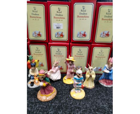 A Collection of Royal doulton bunnykins figures includes fortune teller, sundial bunnykin, sightseer bunnykin etc 