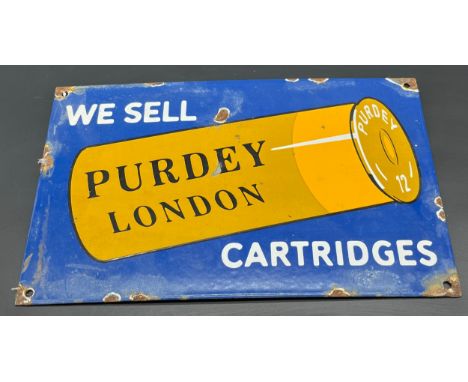 Vintage Enamel gun ammo advertising sign. 'We Sell Purdey London Cartridges' [20.3x30.2cm] 