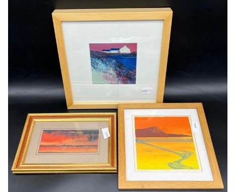 Three Various contemporary artworks includes Watercolour of bridge at night by KLS Murdoch, Ishbel Macdonald D.A. Screen prin