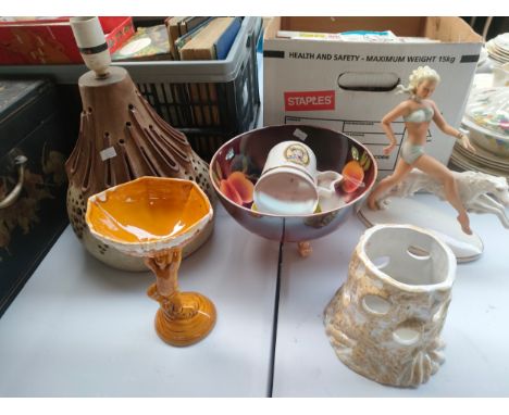 Germany style retro volcano shaped table lamp, lustre bowl art deco figure as found etc 